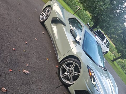 Front three-quarter view of a grey-green Chevrolet Corvette after an exterior detail, paint reflecting the trees overhead